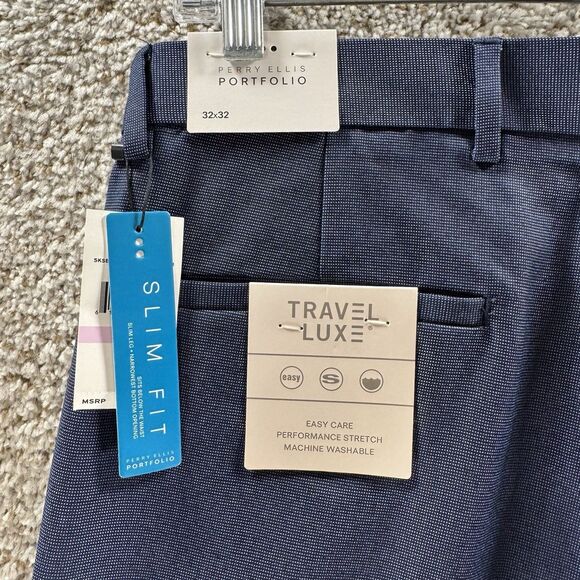 Perry Ellis Portfolio Travel Luxe Pants Mens 32x32 Bearing Sea Blue Slim Fit New - Picture 7 of 13
